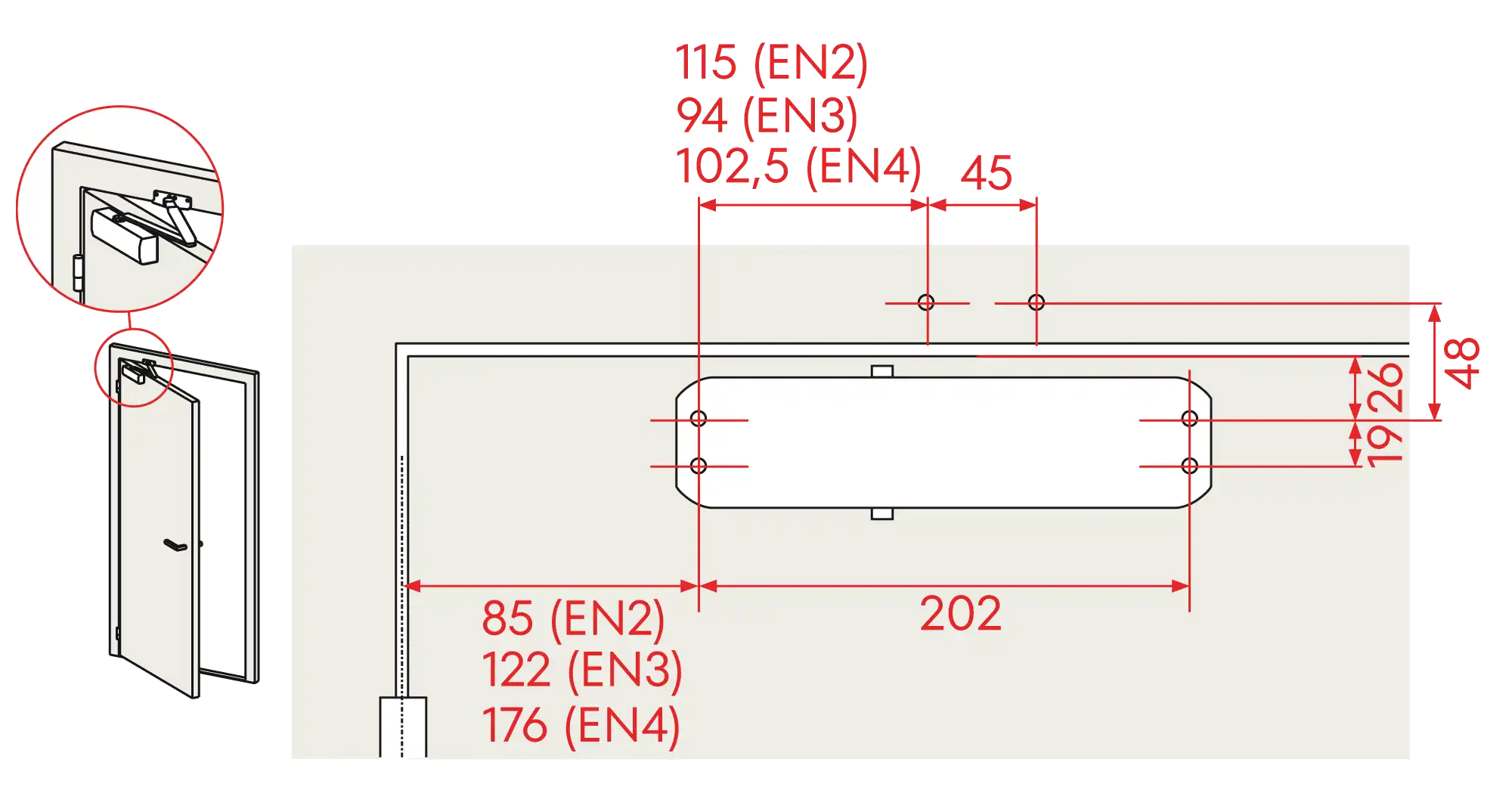 Installation normal mounting left hinge DIN L