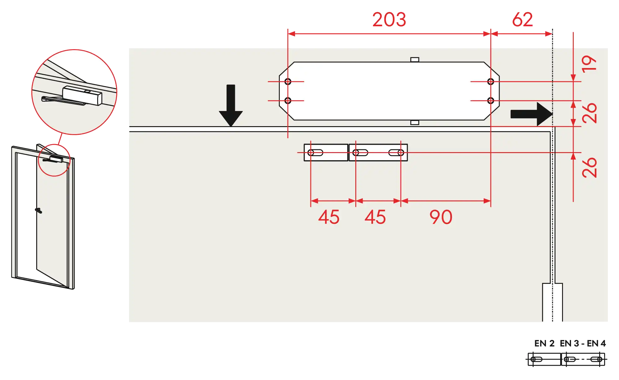 Installation inverted assembly on the opposite side to hinges DIN L (Arm with retention)