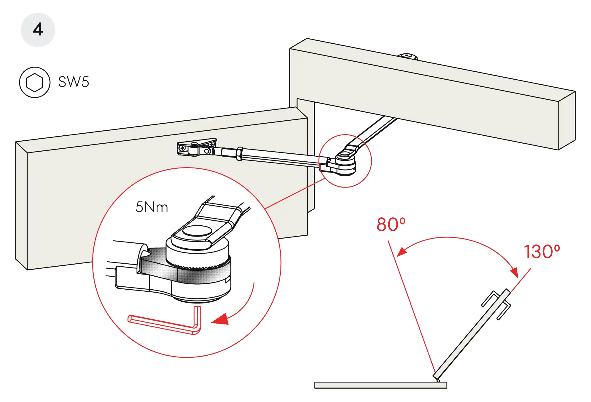 Installation inverted assembly on the opposite side to hinges DIN L (Arm with retention)