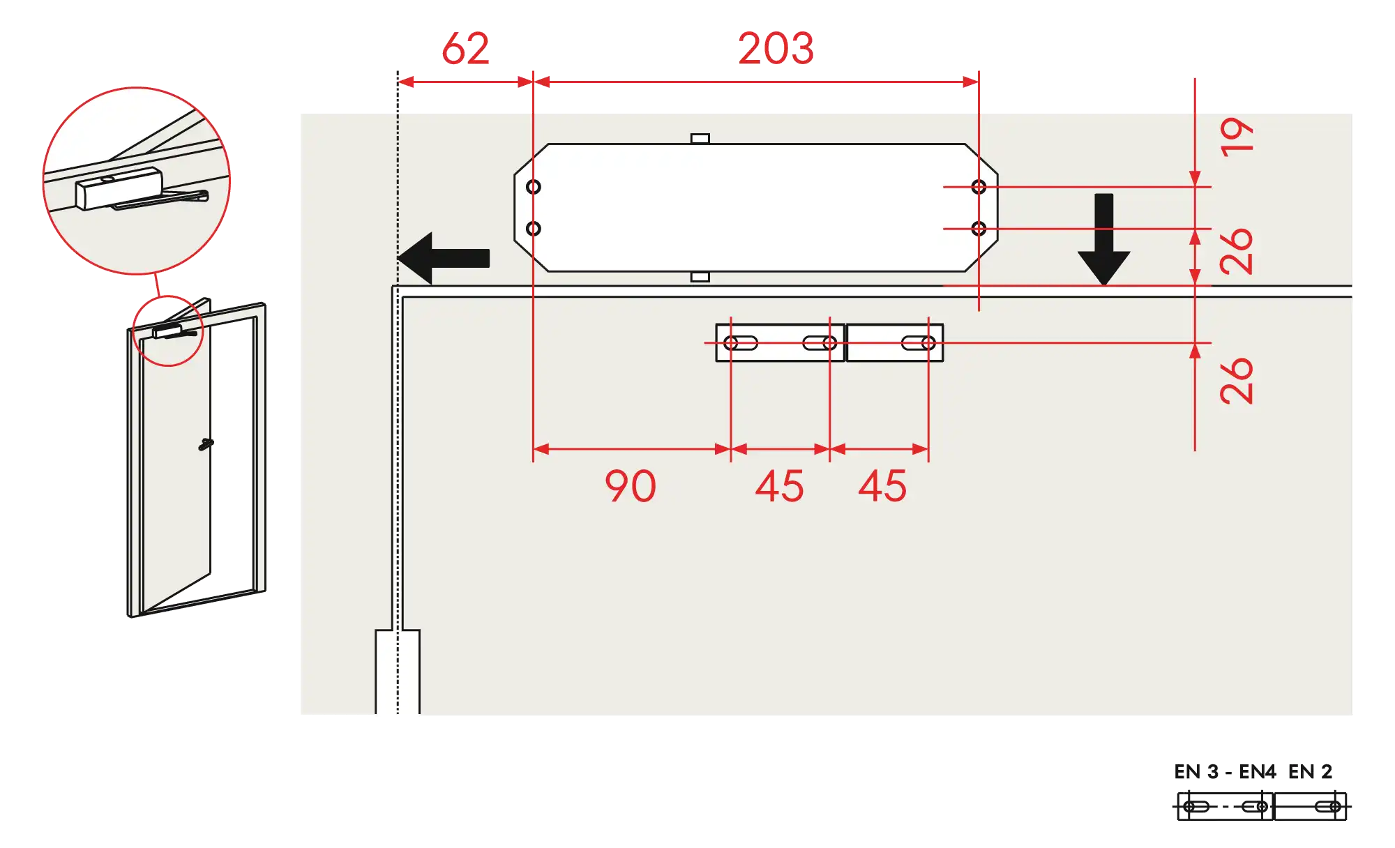 Installation inverted assembly on the opposite side to hinges DIN R (Arm with retention)