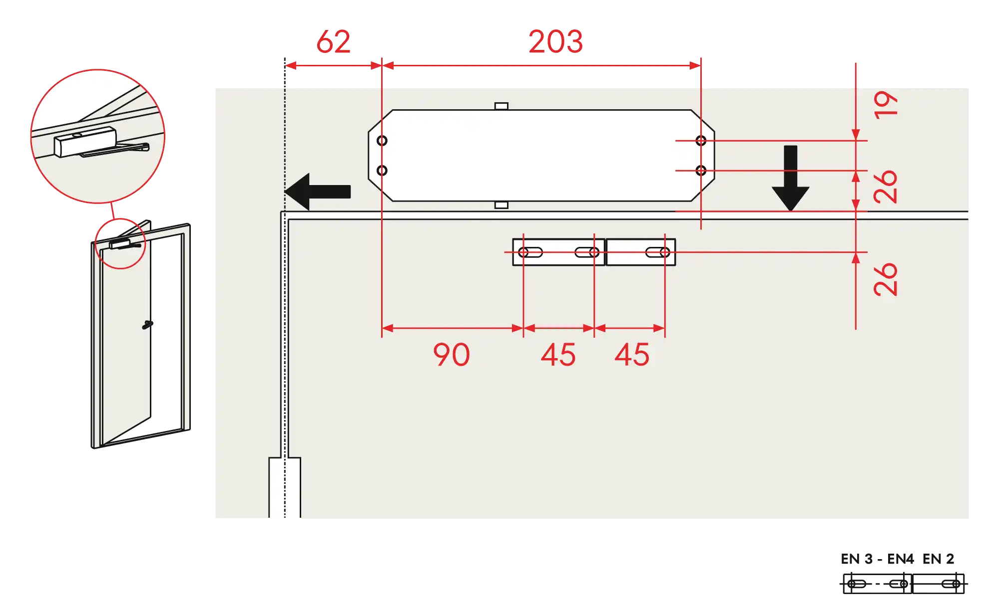 Installation inverted assembly on the opposite side to hinges DIN R