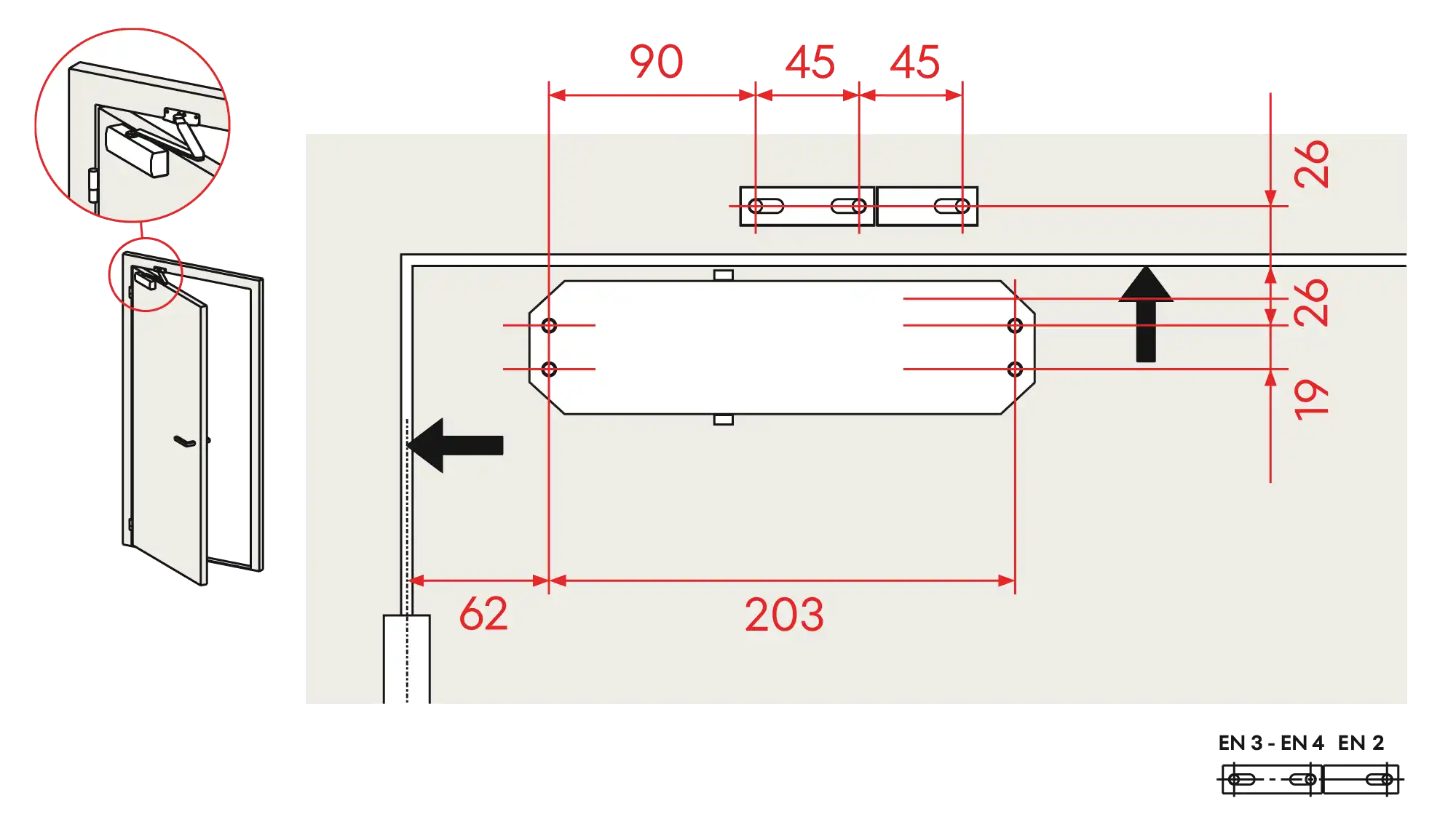 Installation normal mounting left hinge DIN L (Arm with retention)