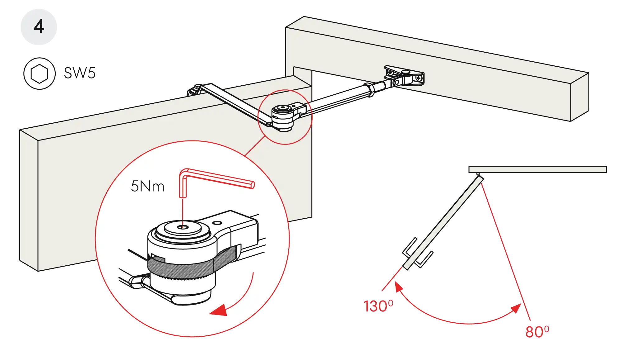 Installation normal mounting left hinge DIN L (Arm with retention)