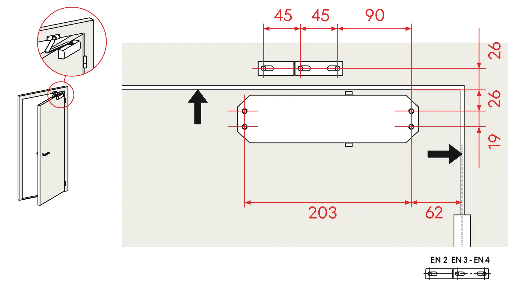 Installation normal mounting right hinge DIN R (Arm with retention)