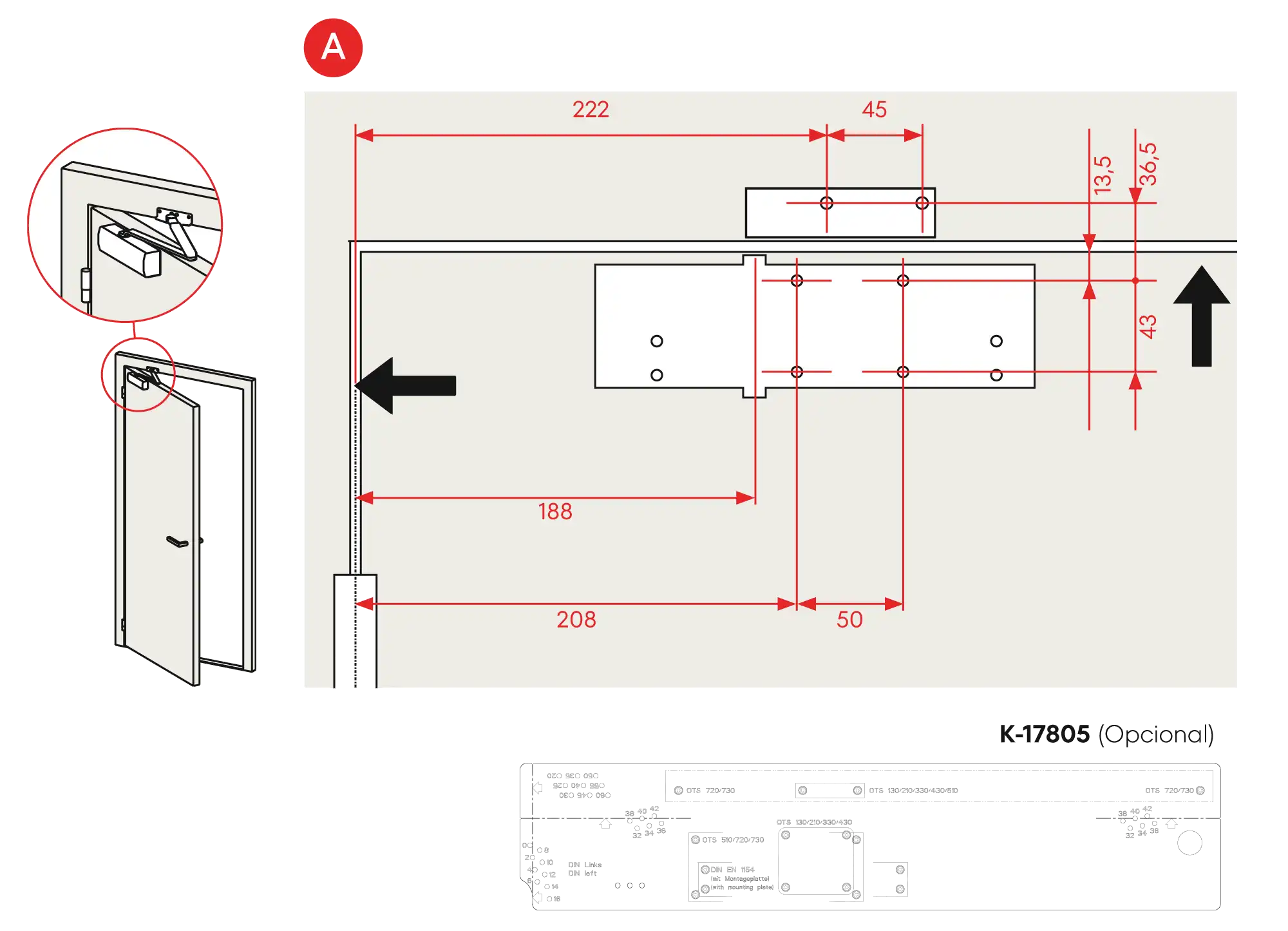Installation normal mounting left hinge DIN L
