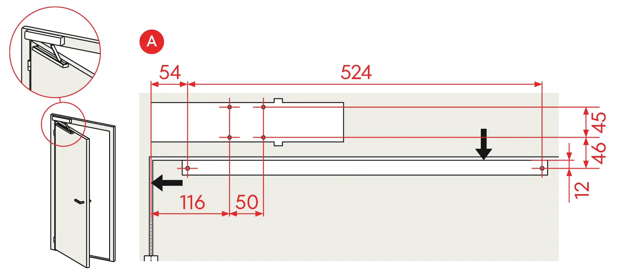 Installation inverted mounting on hinge side DIN L
