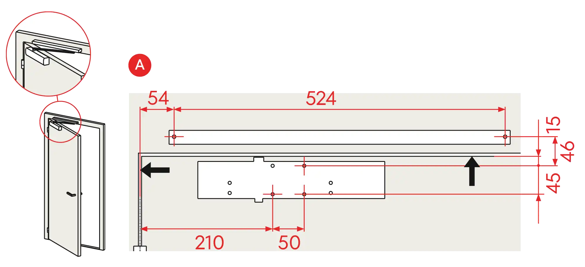 Installation normal mounting left hinge DIN L
